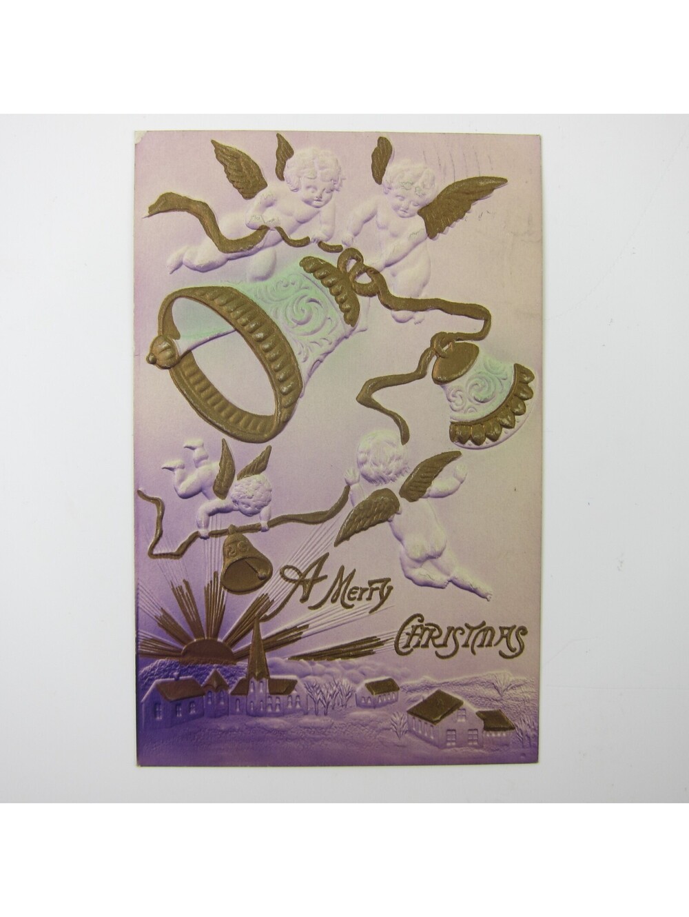 Christmas Postcard Cherub Angels Bells Air Brush Purple Gold Embossed Antique